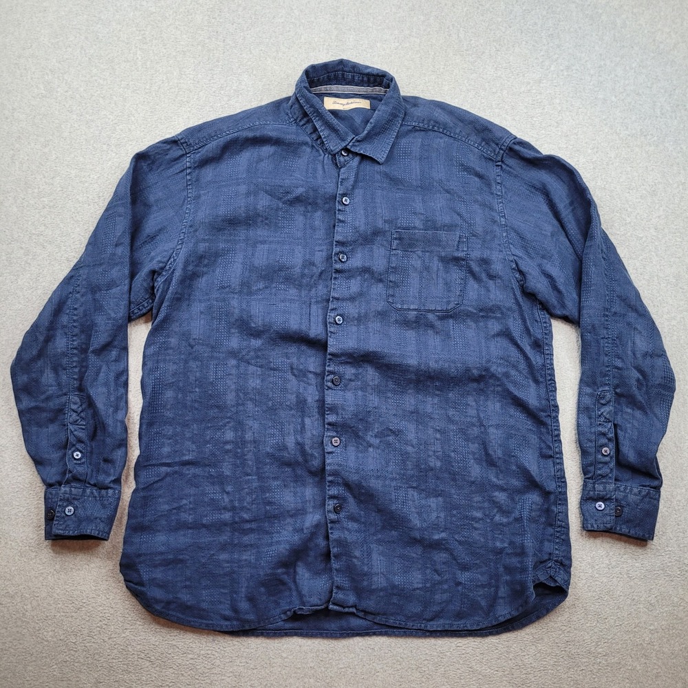 Tommy Bahama 100% Linen Button Up Shirt Mens Large Blue Long Sleeve Textured